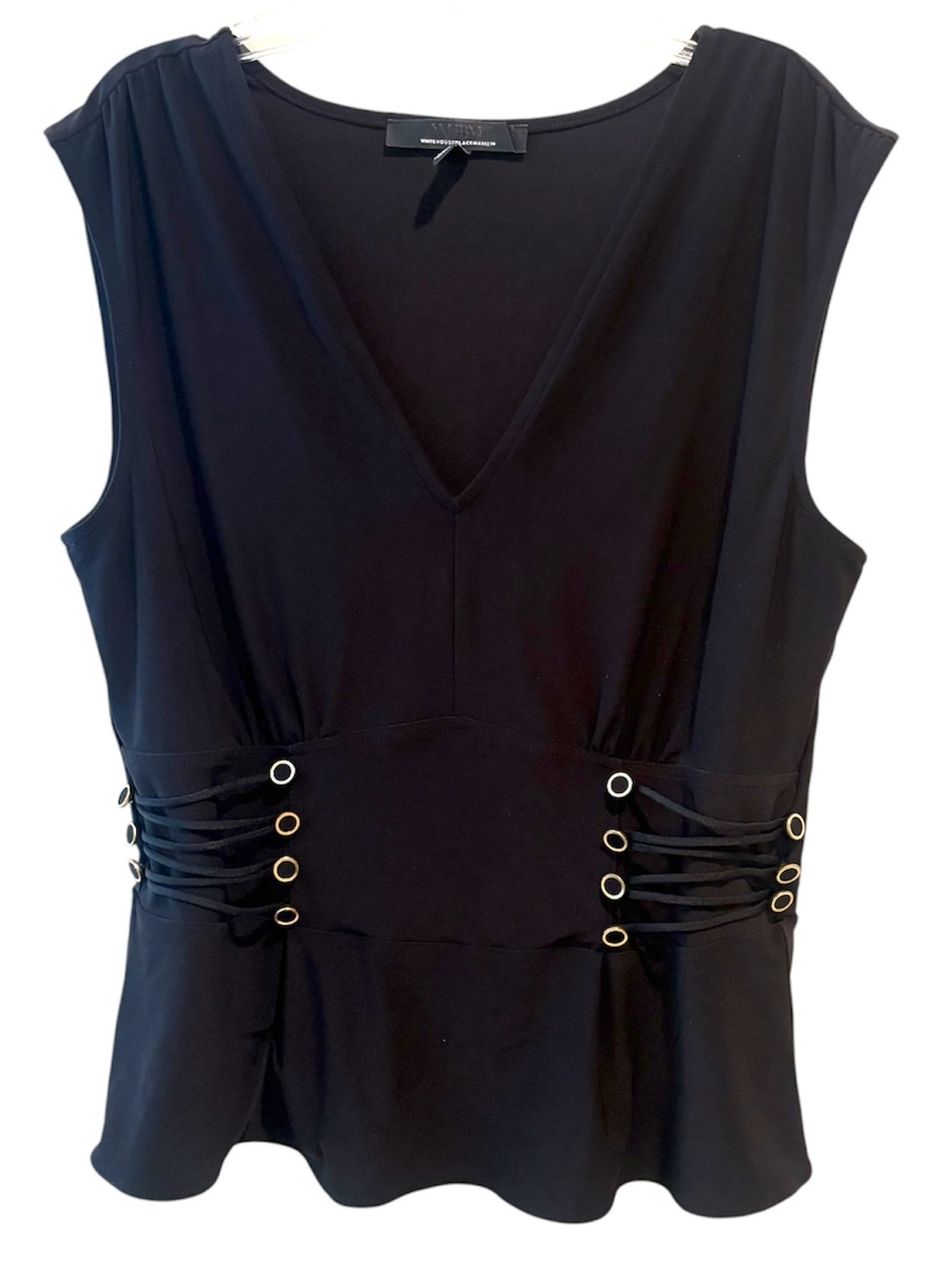 White House Black Market WHBM Button Peplum Top Black M Office Siren Corp Glam